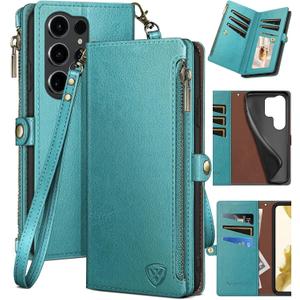 XcaseBar compatible with Samsung Galaxy S25 Ultra Wallet case with Zipper Credit Card HolderRFID BlockingFlip Folio Book PU Leather Phone case Shockproof Cover Women Men for S25Ultra case Blue Green