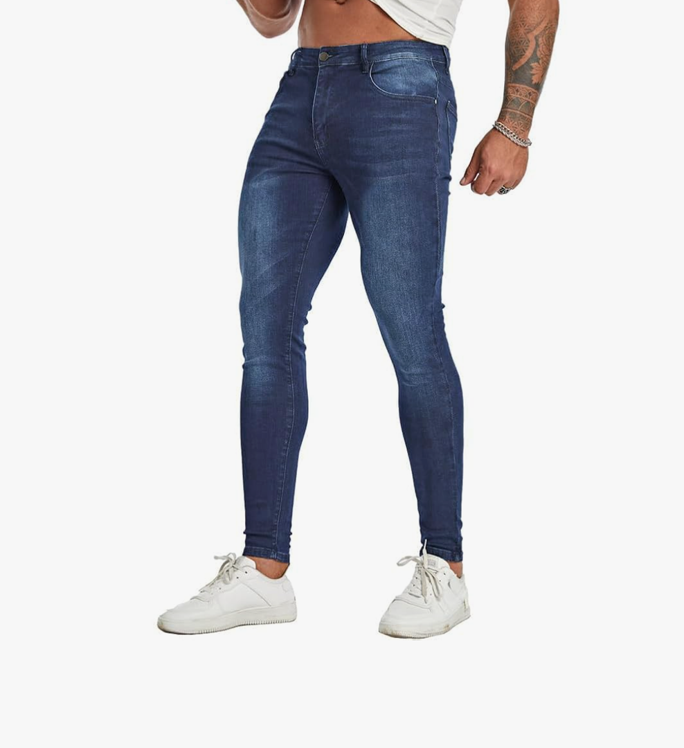 Men's Super Skinny Stretch Tapered Leg Slim Fit Ripped Distressed Jeans Size 34