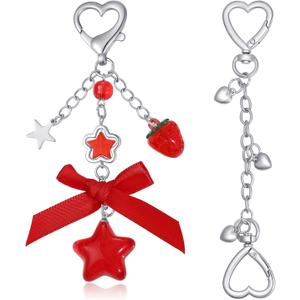 2Pcs Cute Purse Charms Purse Extender Chain,Y2K Strawberry Keychain Bow Keychain,Kawaii Heart Star Bag Charm
