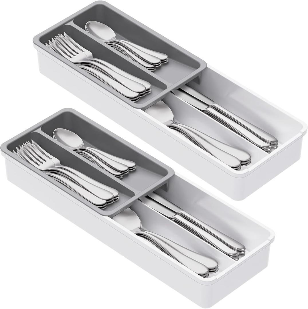 Lifewit Compact Silverware Organizer for Kitchen Drawer, Narrow Flatware Tray Holder, Plastic Cutlery Spoons, Forks and Knives Storage, White&Gray, 2 Pack