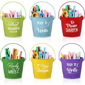 Reallnaive 6 Pack Sharp and Dull Pencil Buckets Set 4.7x4 Inch Colored Metal Tin Pails for Classroom Back to School Crafts Pencil Holder for Office Management Organization Party Decor Supplies