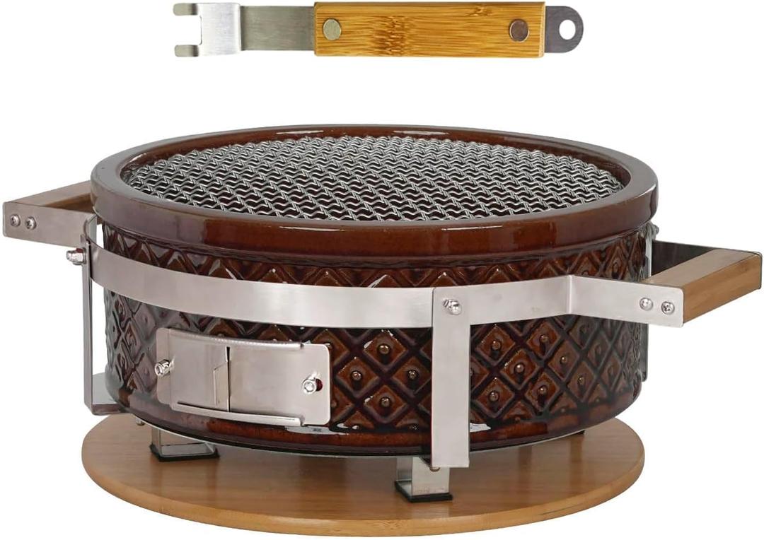 Yakitori Ceramic Charcoal Brown Grill, Round Hibachi Japanese Tabletop BBQ Gill With Grid Lifter and Stainless Steel Grate For Indoor/Outdoor Backyard Cooking, 16"x9"