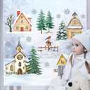 4 x Mfault Christian Winter Snowy Village Window Clings, Religious Church House Barn Pine Tree Stickers Decals Decorations, Farmhouse Rustic Christmas Snowflake Bird Home Living Room Kitchen Decor