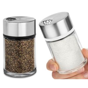Salt and Pepper Shakers Set with Adjustable Pour Holes - Stainless Steel Spice Dispenser - Perfect for Pink Himalayan, Table Salt, Black and White Pepper (2.4 oz) - set of 2