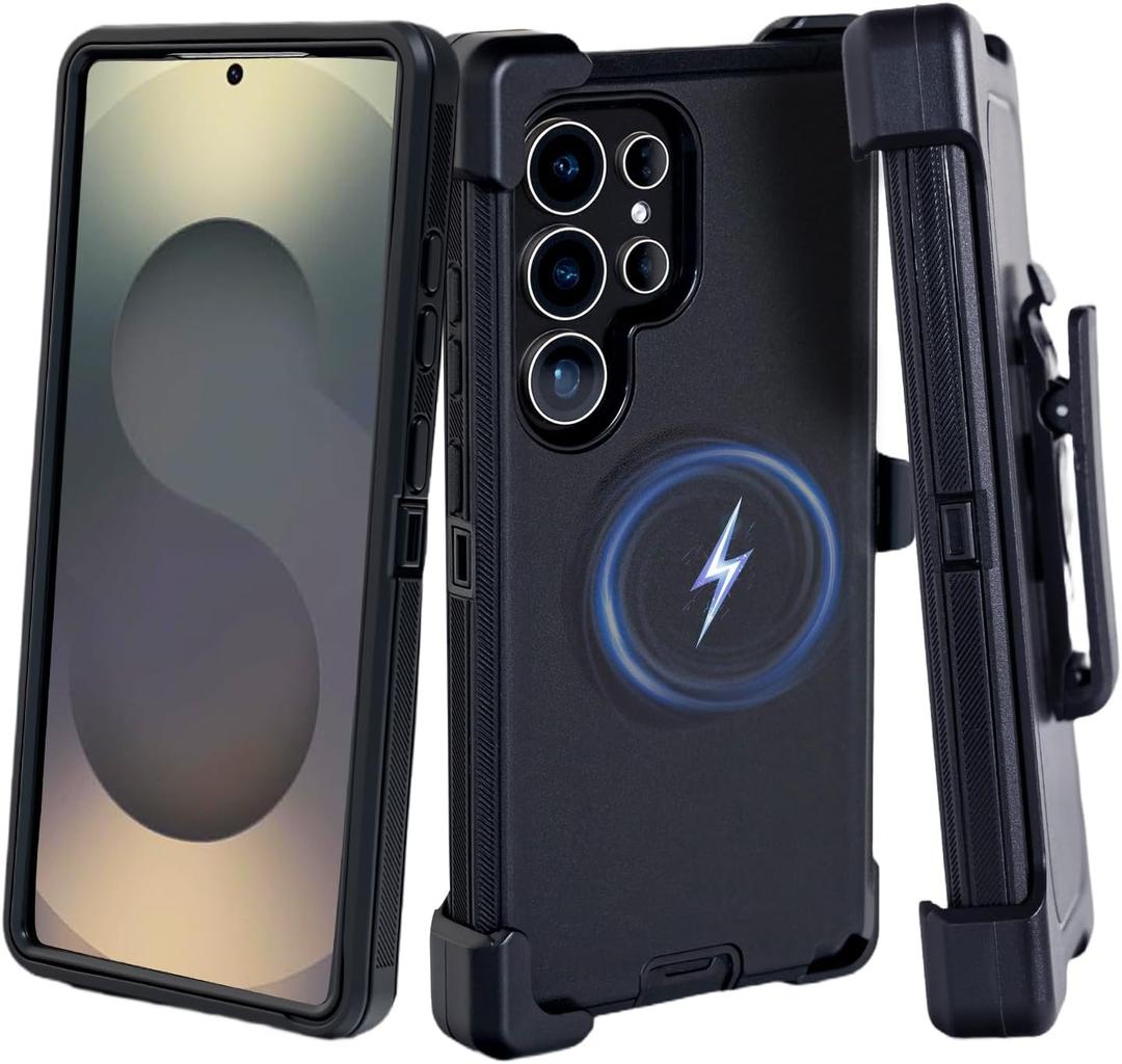 for Samsung Galaxy S25-Ultra Case with Belt Clip, Fit for MagSafe, Rugged Shockproof Military Drop Protection Heavy Duty Magnetic Phone Cover Holster Kickstand Case(No Screen Protector),Black