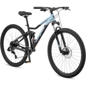 Mongoose Impasse 2.0 Dual Mens and Womens Mountain Bike, 29-Inch Wheels, 17-Inch Aluminum Frame, Twist Shifters, 8- Speed Rear Deraileur, Front and Rear Disc Brakes, Black/ Blue
