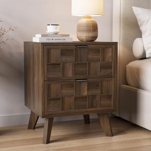 Smuxee Walnut Wooden Nightstand with 2 Drawers, Mid Century Night Stand with Embossed Checkerboard Doors, Bedside Table with Solid Feet, Modern End Side Table for Bedroom, 15.75"D x 18.31"W x 22.25"H