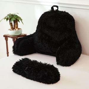 XeGe Faux Fur Reading Pillow Cover (No Filler), Fluffy Backrest Pillow Case for Sitting in Bed, Adults Kids Shaggy Sit Up Back Support Study Pillow Cover for Couch Chair Home Decoration, Black (Large)