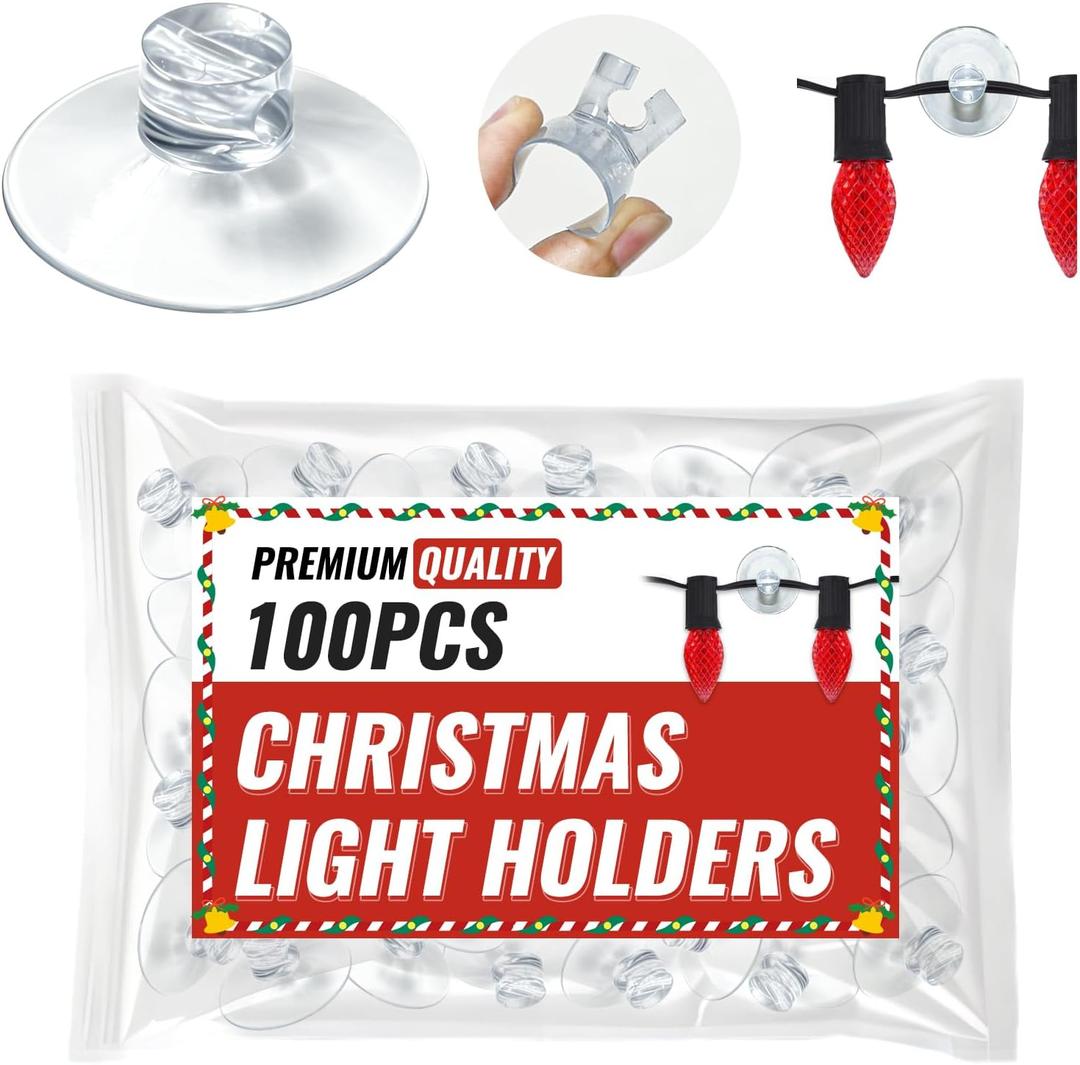 HE ZHI LONG 100 Pieces Christmas Light Suction Cups Holder for Kitchen Bathroom Shower Caddy, No-Drill Hooks, Hooks for Seasonal Lights & Xmas Decorations