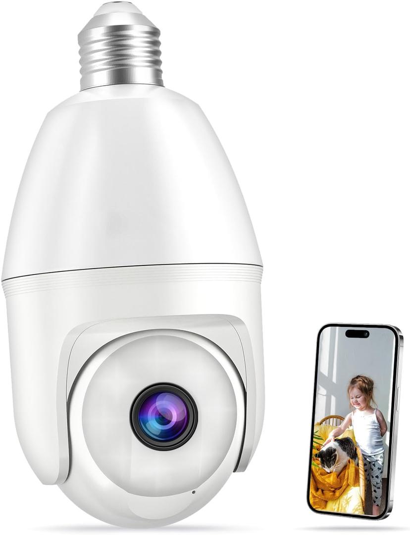 Light Bulb Security Camera -5G&2.4GHz 5MP HD WiFi 6 Home Baby Monitor, Security Cameras Wireless Outdoor Indoor, Night Vision, 2-Way Audio, PIR Mothion Detection and Alerts, Works with Alexa (White)