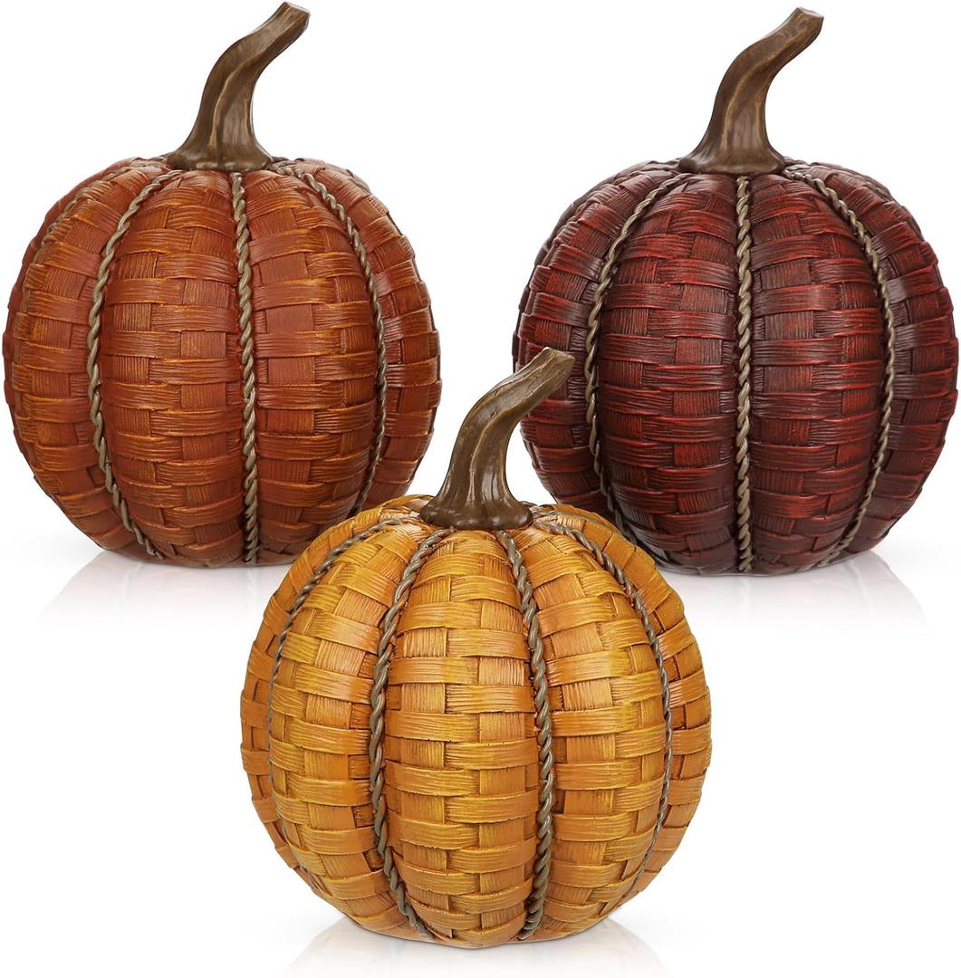 6 Inch Large Artificial Pumpkins, 3 Pcs Fall Pumpkin Decor Orange Clay Brown Dark Red Faux Resin Pumpkins Woven Pumpkin Centerpiece for Rustic Farmhouse Fall Thanksgiving Autumn Harvest Table Decor