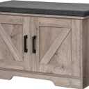 2-Tier Storage Bench, Shoe Bench with Padded Seat Cushion, Entryway Bench with 2 Barn Doors, Adjustable Shelf, 13.8" D x 27.6" W x 17.7" H, for Entryway, Living Room, Bedroom, Greige