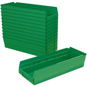 Akro-Mils 30138 Plastic Shelf Bins, Heavy Duty Storage Bins for Garage, Closet, and Drawer Organization, 18" x 6-1/2" x 4", Green, 12-Pack