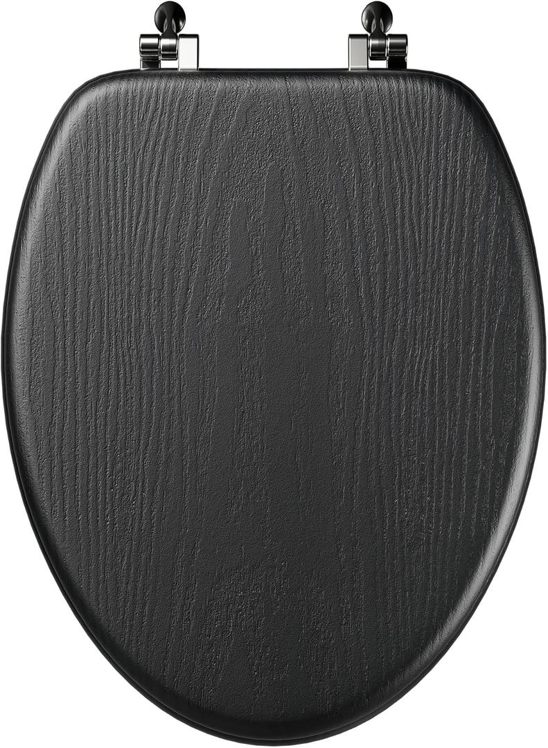 Black Elongated Wood Toilet Seat Support 400 lbs, Heavy Duty Toilet Seat with Wood Veneer for Home Bathroom, Wooden Toilet Lid with Chrome Hinges, Grip-Tight Bumpers, Easy Clean, Easy Install