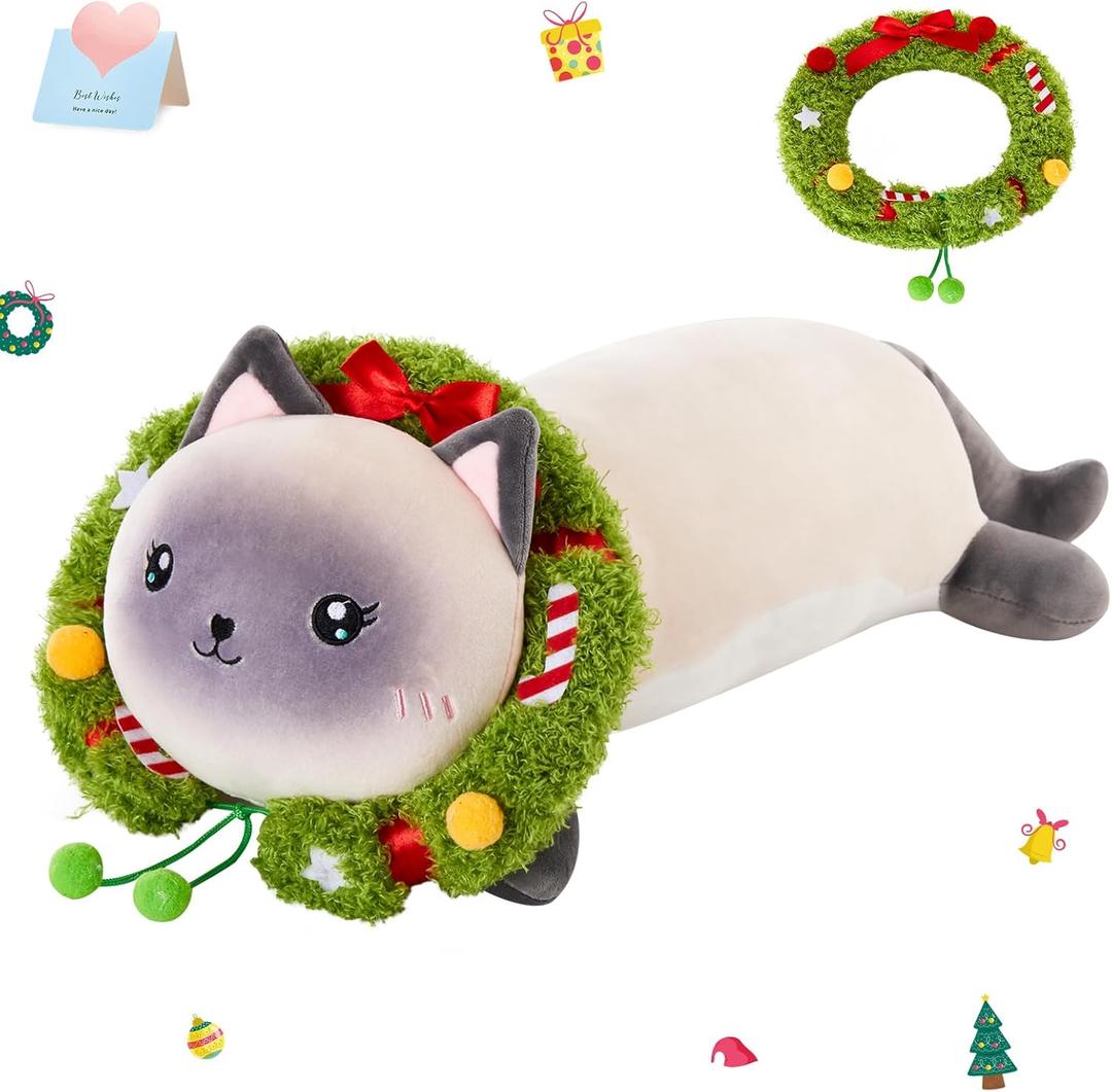 Houwsbaby 18" Christmas Siamese Cat Plush Toy with Removable Wreath,Creative Kitten Stuffed Animal,Great Present for Boys Girls,Soft Festive Decorative Toy