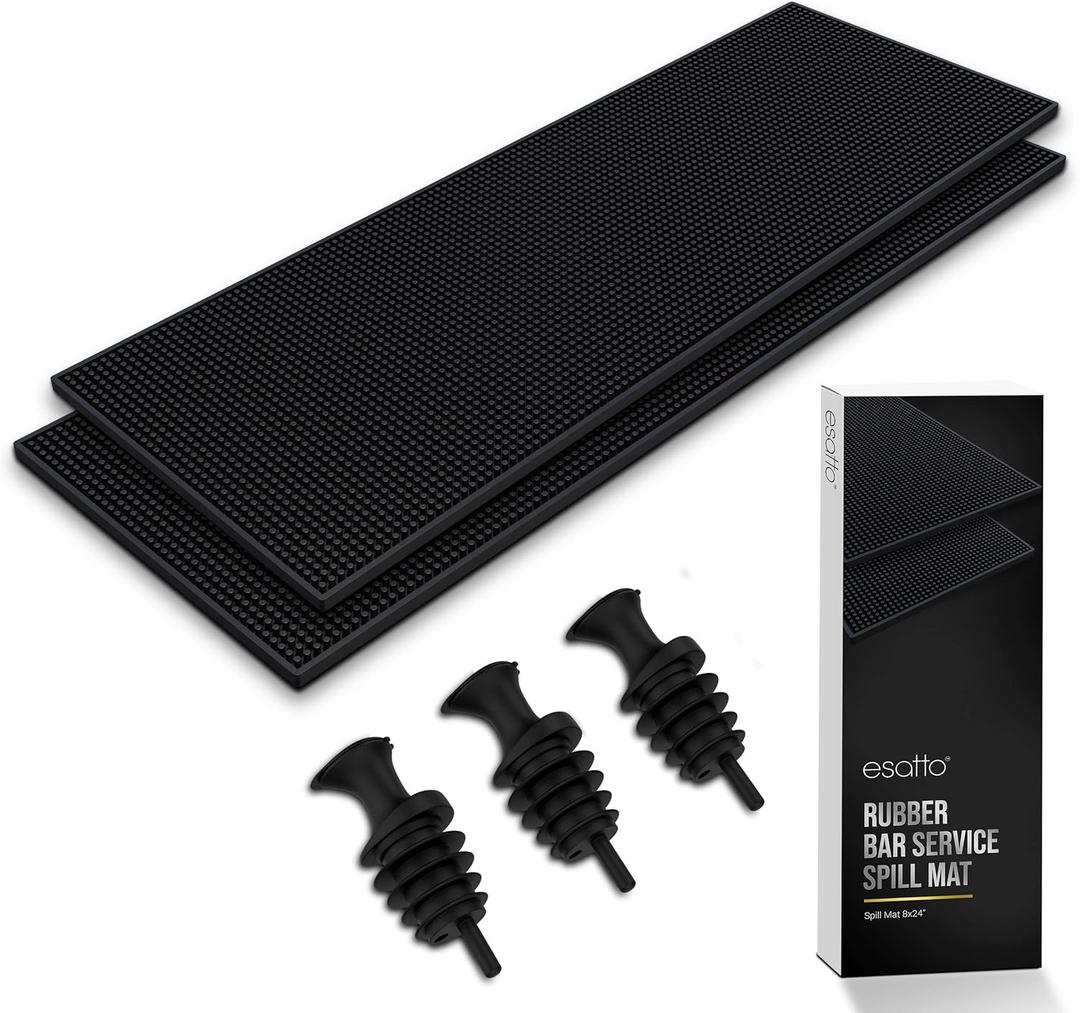 Esatto 23.375 x 7.75 Double Width Professional Spill Bar Supply Mat Bartender Non-Slip Black Bar Mat Coffee Drinks Mixing Pad for Bars, Home, Kitchen, Restaurants (2 Pack, Black) Includes 3 Pourers