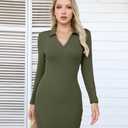 VICHYIE Women Lapel Neck Ribbed Bodycon Tight Fall Dress Long Sleeve Mid Thigh Pencil Above Knee Dresses (Green, M)