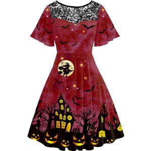 AOBUTE Women Halloween Dress Lace Flutter Sleeve A-Line Party Dresses (Castle Witch Red, XXL)