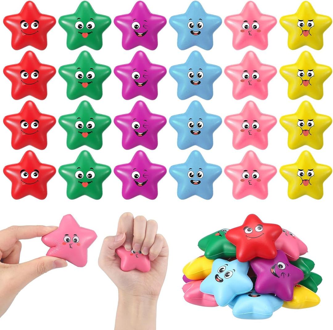 Meooeck 36PCS Colorful Star Stress Balls, 1.6 Inch Smile Face Star Stress Balls Bulk, Mini Foam Party Favors Gifts for Classroom Prizes Anxiety Fidget Sensory