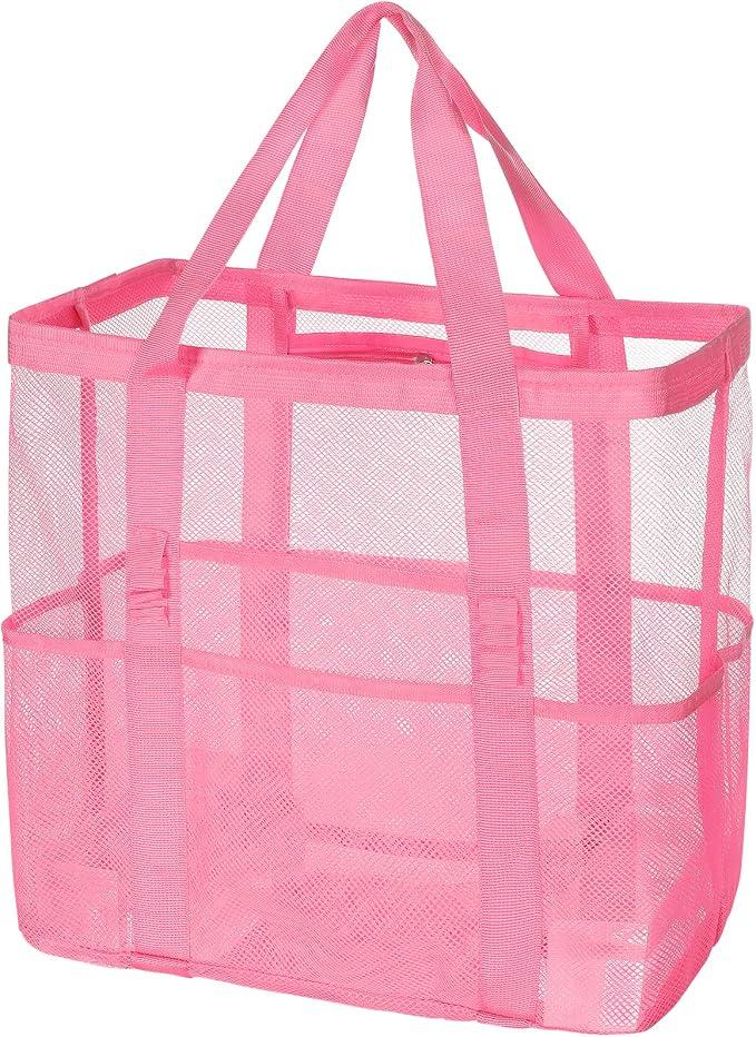 Mesh Beach Bag, Large Capacity Beach Tote, Multi Pockets, Sandproof, Pink - Pack of 2