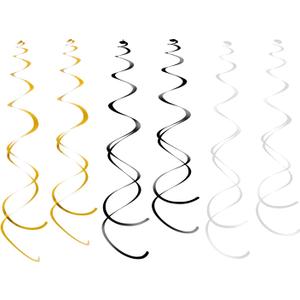 Hanging Swirls Party Streamer Spiral Decorations for Ceiling (30pcs, Black, White, Gold)