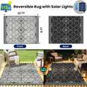 8x10Ft Outdoor Rug, Solar Powered Outdoor Rug with 113LEDs Strip Lights for House Deck, Waterproof Plastic Reversible Outdoor Straw Rugs, Rugs RV Camping Patio Courtyard Beach Picnic(Black Gray)