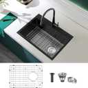 24 inch Drop-in Black Kitchen Sink Single Bowl, Topmount Kitchen Sink with Protective Bottom Grid, Overmount 304 Stainless Steel Kitchen Bar Sink Handmade with Basket Strainer, 24189 inch