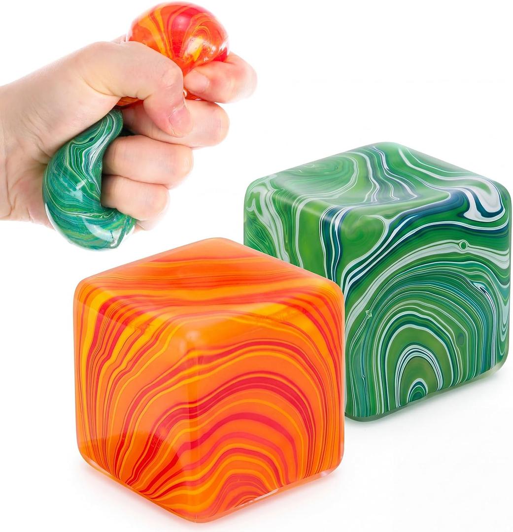 2 Pcs Stress Cube Bulk Swirl Ice Cube Stress Ball for Adults Anxiety Relief Soft Squeeze Sensory Square Ball for ADHD Prizes Goodie Bag Stuffers Party Favors(Green, Orange)