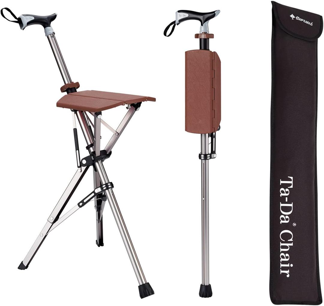 STEP2GOLD Ta-Da Chair, Portable Trekking Hiking Pole, Folding Walking Stick with Seat, Walking Cane with Chair, Foldable Chair, Lightweight Aluminum, Easy Carry and Storage, Anti-Slip (L (34.6"), Brown)