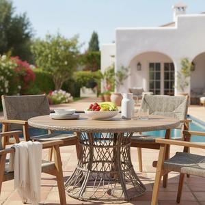 Christopher Knight Home Pella Farmhouse Acacia Wood Round Dining Table for 4-6 People, Patio Dining Room Table with Handwoven Wicker Base for Backyard/Garden, Slatted Design Outdoor Patio Table, Brown (Chairs Are Not Included)