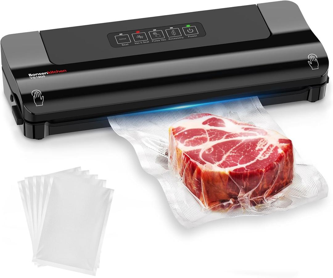 Bonsenkitchen Vacuum Sealer, Multi-Functional Food Sealer with 5 Vacuum Bags, External Vacuum System & Accessory Tube,Fast-Compact Design, Bright Black