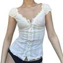 Women Y2K Fairy Grunge Tee Shirt Lace Trim Short Sleeve Crop Top Ruffle Babydoll Top Aesthetic Going Out Top, Large