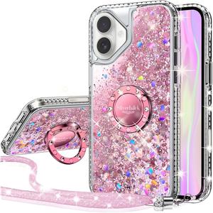 Silverback for iPhone 16 Case, Moving Liquid Holographic Sparkle Glitter Case with Kickstand, Girls Women Bling Diamond Ring Protective Case for iPhone 16 - Pink