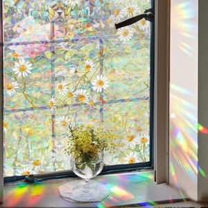 2 Pack Daisy Rainbow Rainbow Window Privacy Film,17 x 39.37 inches 3D Stained Glass Window Film Decals, Static Cling Sticker Non-Adhesive for Room Home (Color1)
