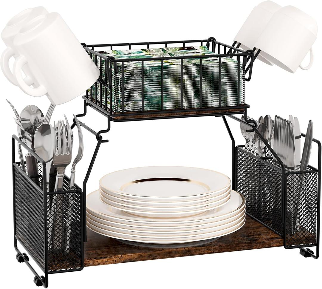 TQVAI Buffet Caddy, 2 Tier Countertop Paper Plate Organizer with Silverware Holder Mugs Hook Napkin Basket, Serving for Catering Supplies Buffet Display Hosting Thanksgiving Essentials, Black/Antique