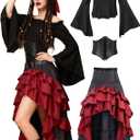 Verceco Pirate Costume Women with Renaissance Pirate Shirt Skirt Corset Waist Belt (Black+Red, XL)