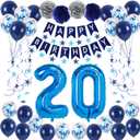 20th Blue Birthday Party Decorations for Boy Girl Men Women, Happy 20th Birthday Banner, 20 Number Balloons, Blue Star Streamers, Hanging Swirls