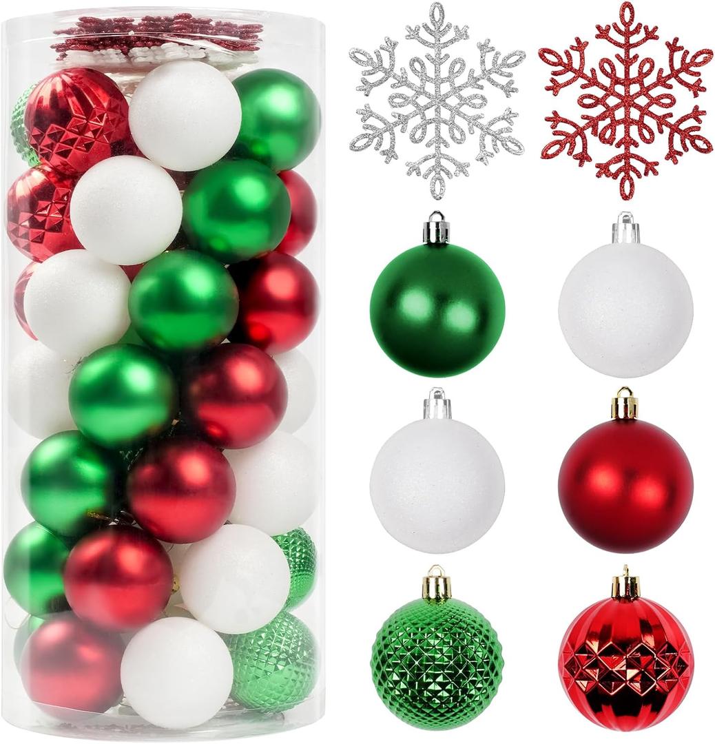 Christmas Tree Decorations Ornament Set, 60ct 2.36 Inches Red Green and White Shatterproof Christmas Ball Ornaments, Hanging Ball for Xmas Holiday Wedding Party Decor