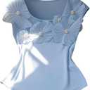 Women's Summer 3D Floral Tops Elegant Scoop Neck Ribbed Knit Going Out T Shirts Blue, Medium