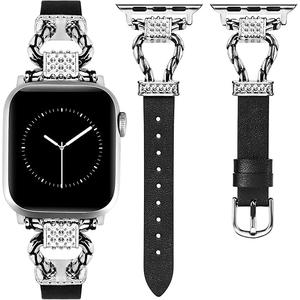 W-RARA Meridian Leather Band Compatible with Apple Watch Bands Women 38/40/41/42/44/45/46/49mm Dressy Elegant Slim Leather Strap with Designer Buckle for iWatch Series 10/9/8/7/6/5/4/3/2/1/SE/Ultra 2 (Black/Silver)