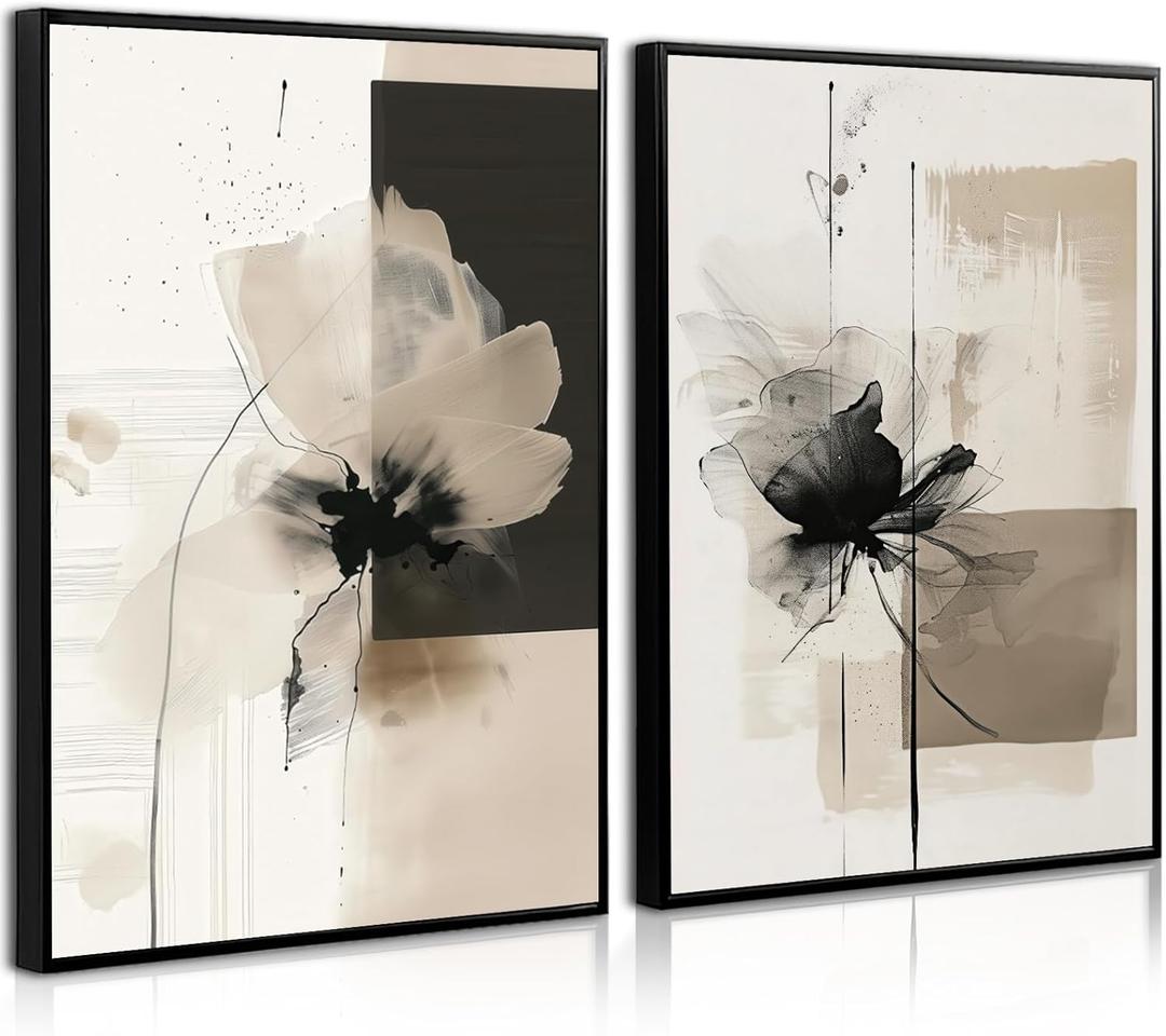 Modern Abstract Floral Wall Art Minimalist Neutral Canvas Painting Decor Beige Cream And Black Wall Art Contemporary Flower Picture Prints for Living Room Bedroom 16x24 Inch Unframed Set of 2 (Ink Wash Flower Prints)