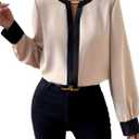 SOFIA'S CHOICE Women's Business Casual Long Sleeve Dressy Blouse Work Tops Corporate Outfits Shirts Khaki and Black Medium (M)