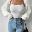 Women's Long Sleeve Open Front Knitted Crop Cardigan Drop Shoulder Knit Bolero Shrug Sweater (White)
