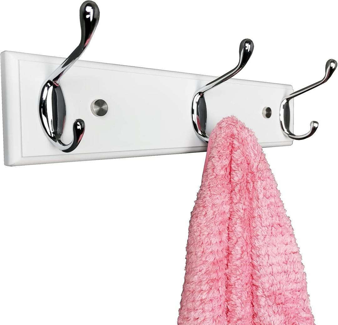 Wall Mounted Coat Rack 12.2inch(31cm) with 3 Silver Hooks, White Wood Coat Hook for Entrance, Hallway, Bedroom, Kids Room, Bathroom,Small Size Clothes Hanger