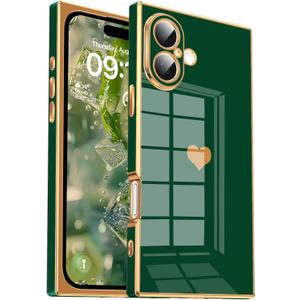 Tzomsze Compatible with iPhone 16 Case,Camera Protection Cute Heart Pattern & Electroplate Reinforced Corners Shockproof Edge Bumper Case for Women Girls-Dark Green