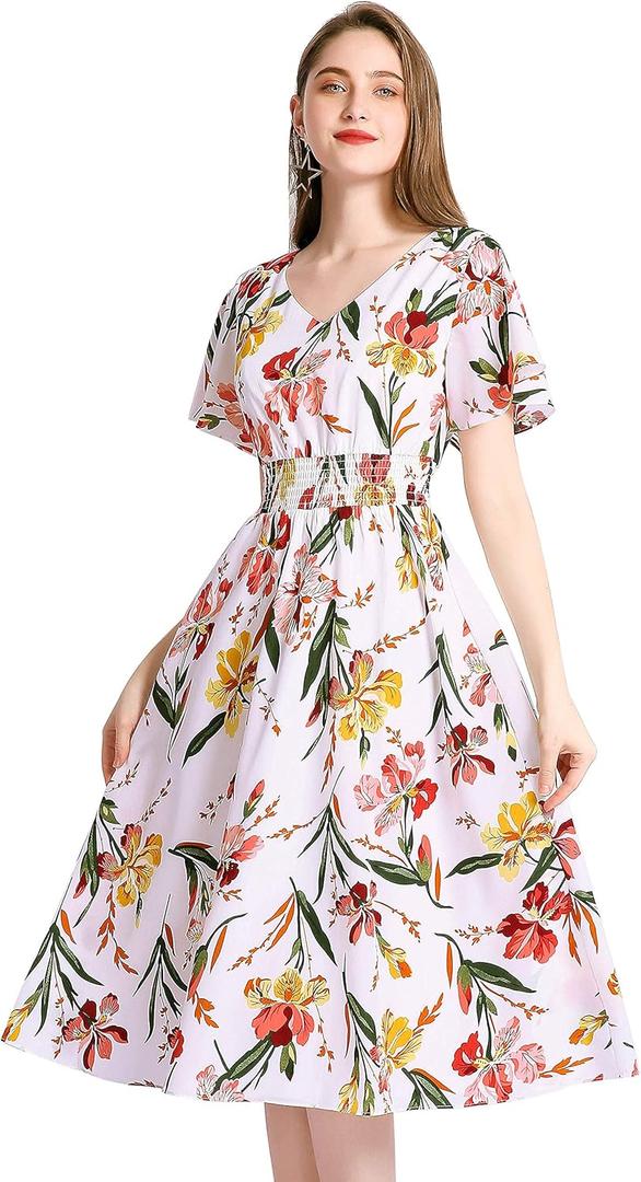 Gardenwed Chiffon Floral Dresses Summer Sun Beach Dresses for Women with Elastic Waist (White, XXXL)