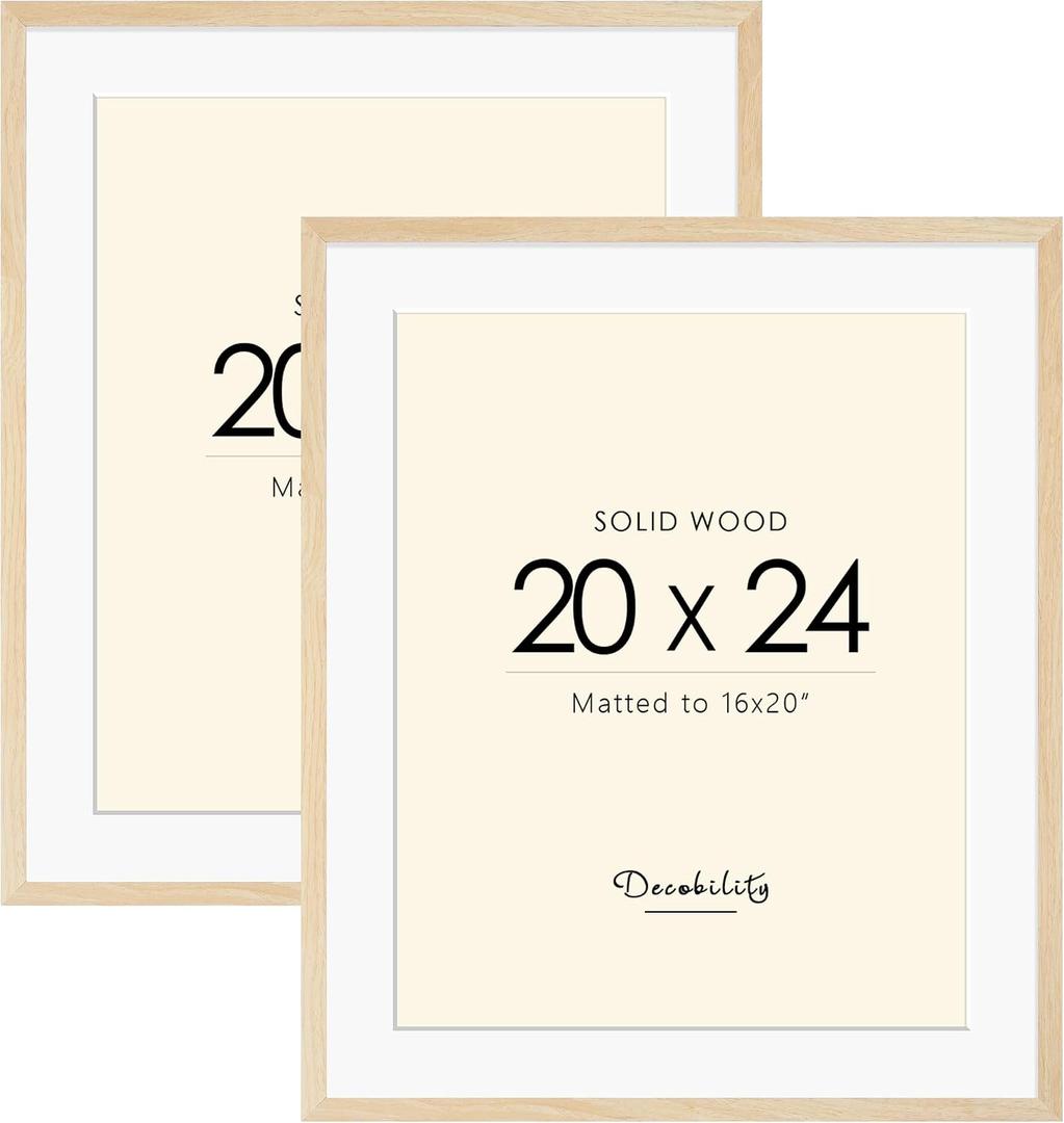 20x24 Solid Wood Poster Frame, Natural Wood Picture Frame with Paper Mat, Display picture 16x20 with mat or 20x24 without Mat, Set of 2 Oak color Picture Frame