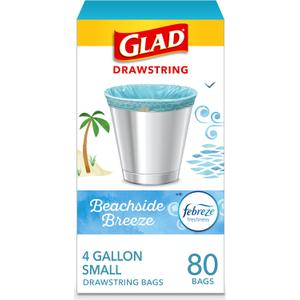 Glad Small Trash Bags 4 Gallon, Febreze Beachside Breeze Garbage Bags, Odor Resistant with Drawstring, 80 Count