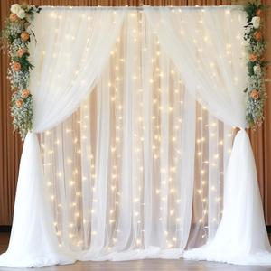 20x8ft White Tulle Backdrop Curtain with Lights String for Parites, Sheer Backdrop Curtains for Wedding Baby Shower Birthday Party Photo Shoot Decorations (20ft x 8ft(4 Panels 5*8ft))
