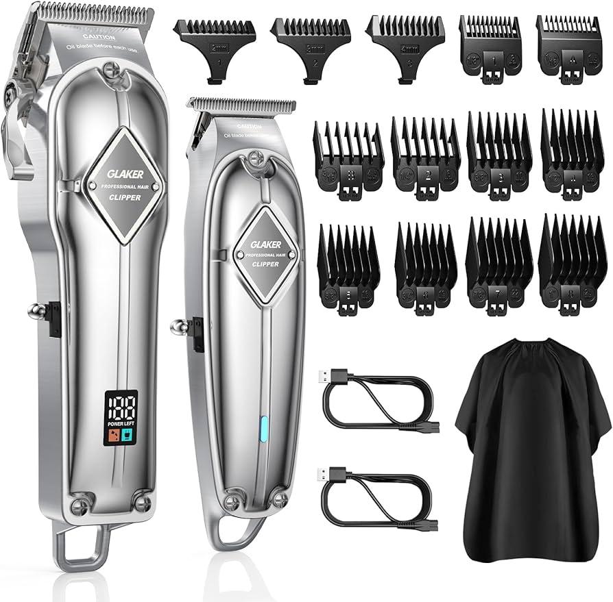 GLAKER Hair Clippers for Men Professional - Cordless Clippers and Trimmers Set, Complete Barber Kit for Hair Trimming & Beard Grooming, Mens Haircutting Kits for Blending & Fade Cuts (Silver)